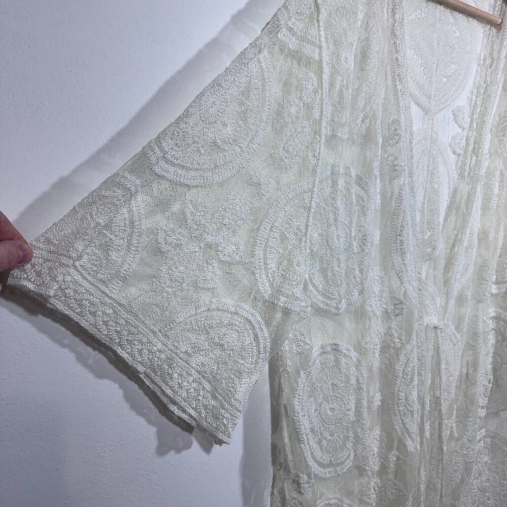 Womens White Lace Long Line Cardigan One Size Fairycore Boho Romantic - Picture 2 of 4
